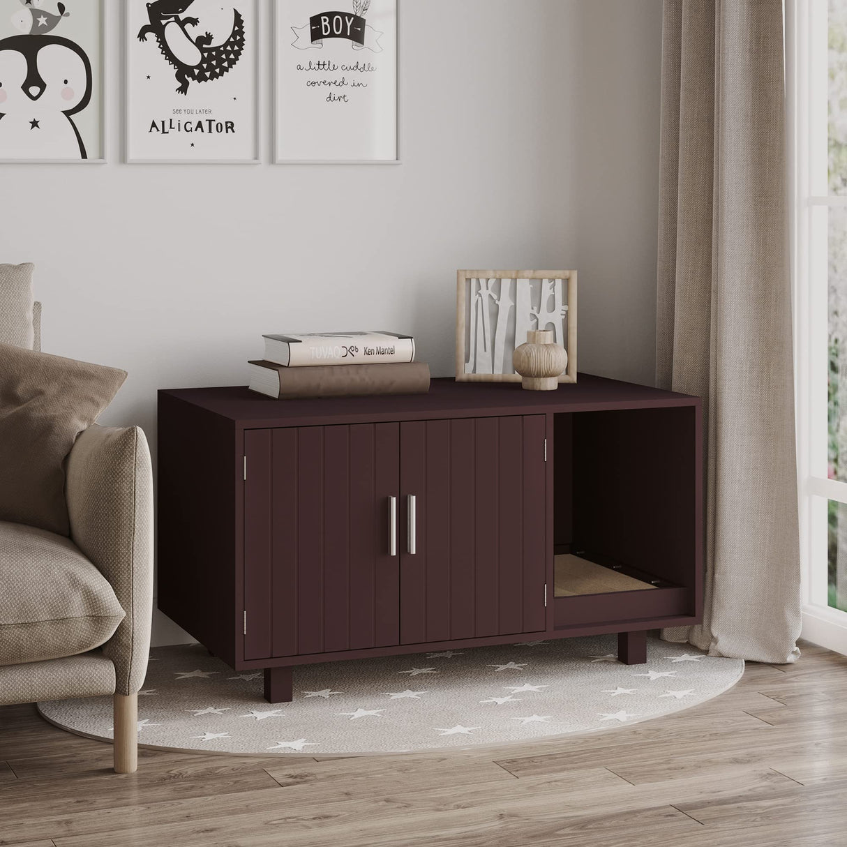 PawHut Wooden Cat Litter Box Enclosure & House, Kitty Hidden Washroom, with End Table Design, Scratcher, & Magnetic Doors, Brown PawHut