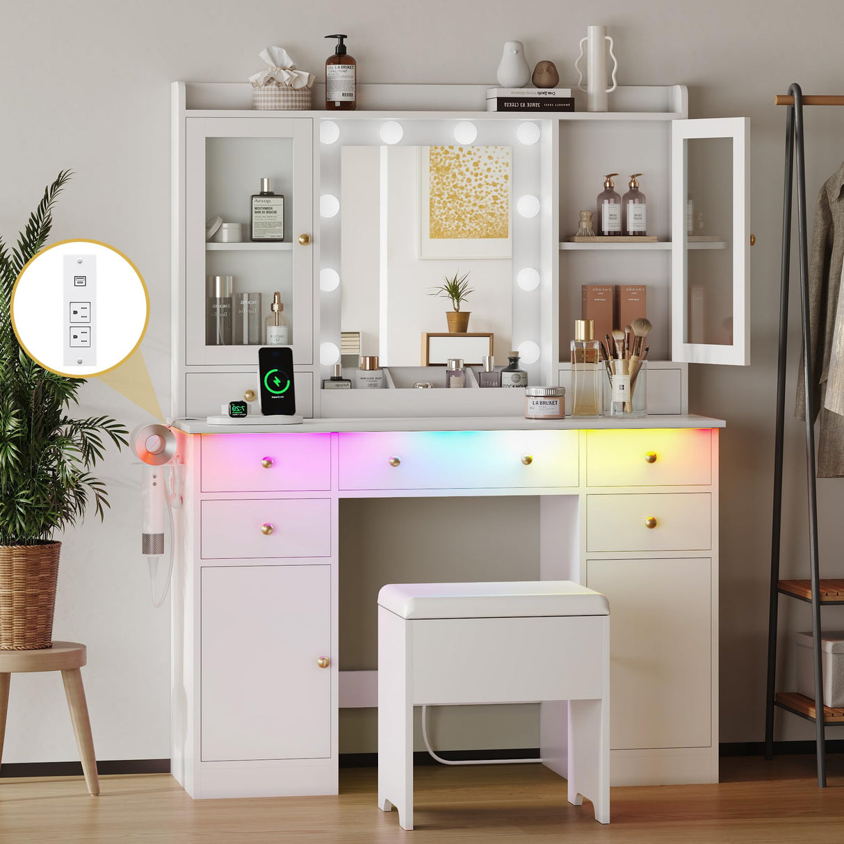 Makeup Vanity Desk with Mirror and Lights, White Vanity Table Set with Storage Drawers, Charging Station, Cabinets & Chair, Large Dressing Table with RGB Ambient Light for Women Girls Bedroom Bathroom Xixini
