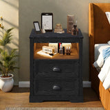 FONTOI Farmhouse Nightstand with Charging Station, End Table with Drawers, Bedside Table with 3 LED Lights Modes, Wood Nightstand with Smart Human Sensor for Bedroom, Black, Set of 2 FONTOI