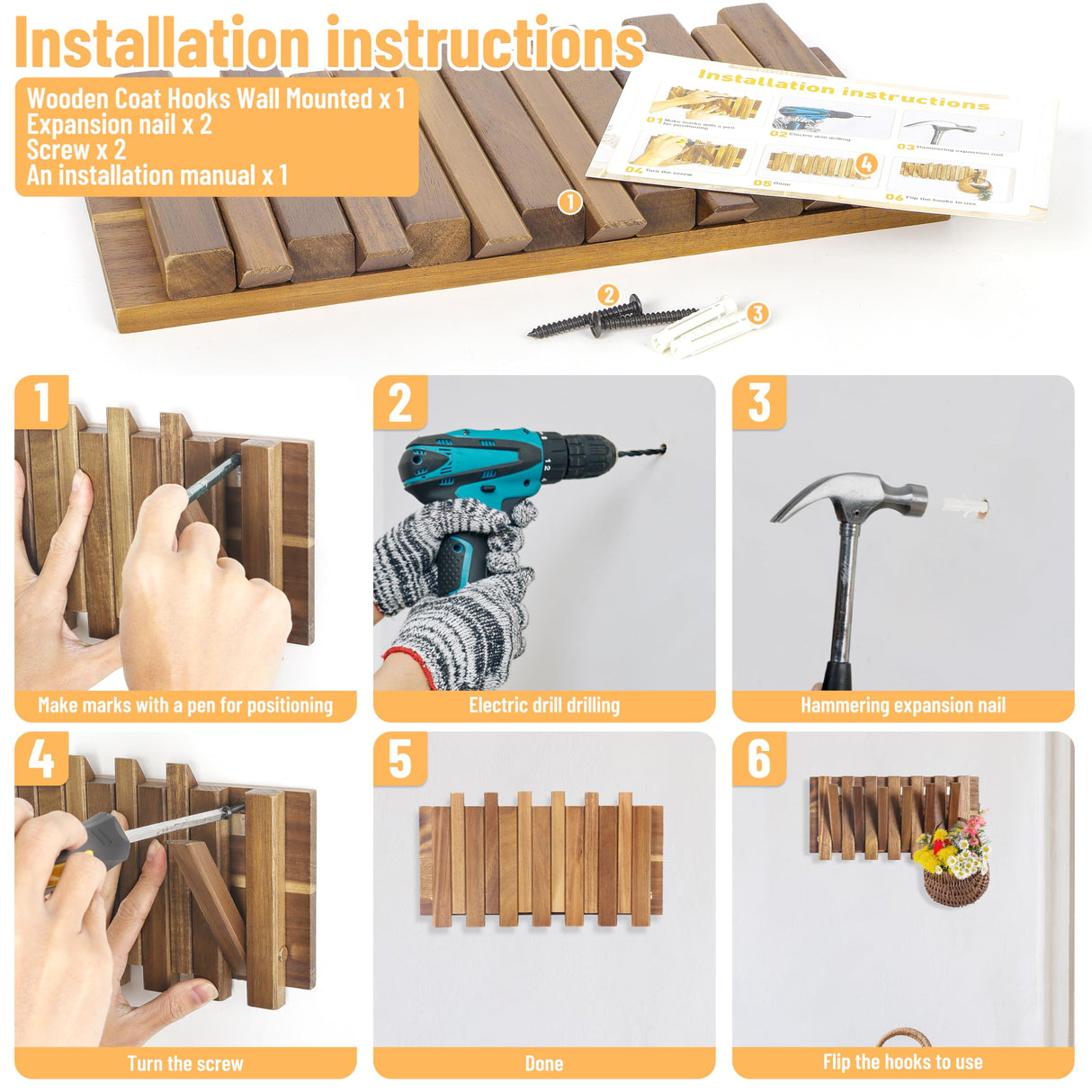 KYIAANY Coat Rack Wall for Farmhouse: Wood Rustic 6 Hooks Mount 10.4inch Retractable Wall Mounted for Small Spaces Entryway Hallway Bathroom for Hanging Jacket Towel Backpack Bag KYIAANY