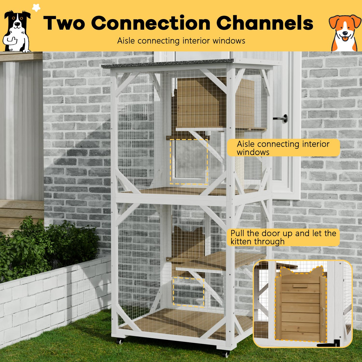 OFIKA Cat House Catio Outdoor Enclosure with Waterproof Roof,71'' cat House & Condos on Wheels for Outdoor Patio,Cat Window Box,Scratching Post（White） OFIKA