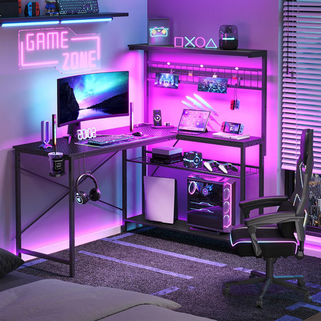 Bestier L Shaped Gaming Desk with Power Outlets, 51 inch Large LED Computer Desk Reversible Corner Desk with 4 Tiers Storage Shelves, Gamer Desk with Headset Hooks and Cup Holder, Carbon Fiber Black Bestier