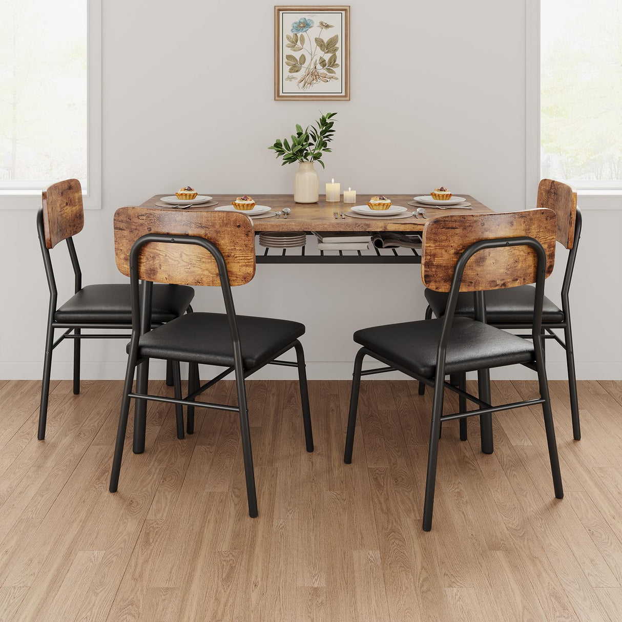 GarveeHome Dining Table Set for 4 with Storage Rack, 5-Piece Kitchen Table and Upholstered Chairs of 4, Wood Tabletop & Heavy-Duty Metel Frame, Dining Room Set for Small Space, Apartment, Brown GarveeHome