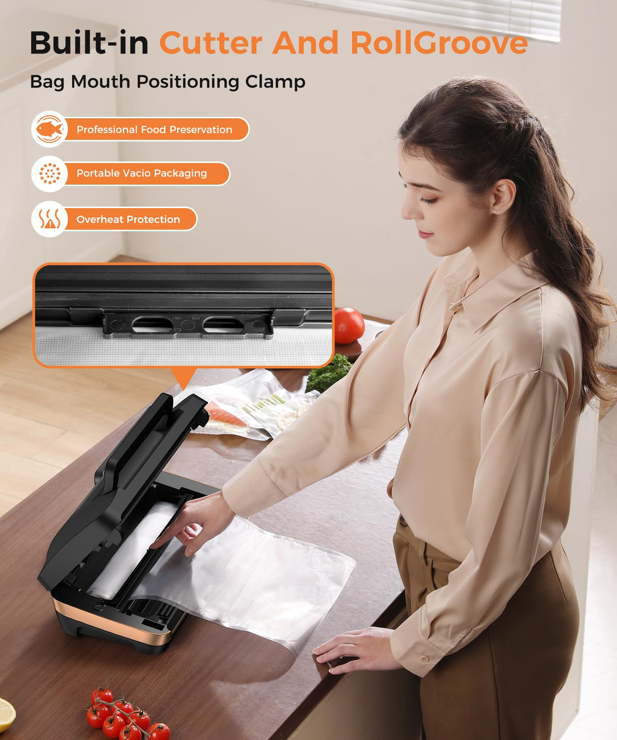 95kpa Vacuum Sealer Machine,Commercial Full Automatic Food Sealer,Powerful Sealing System with Double Heat Seal,Bags Storage, Easy-Lock Handle,Build-in Cutter,1 Bag Rolls and 10 pcs Pre-cut Bags QIQIAOB