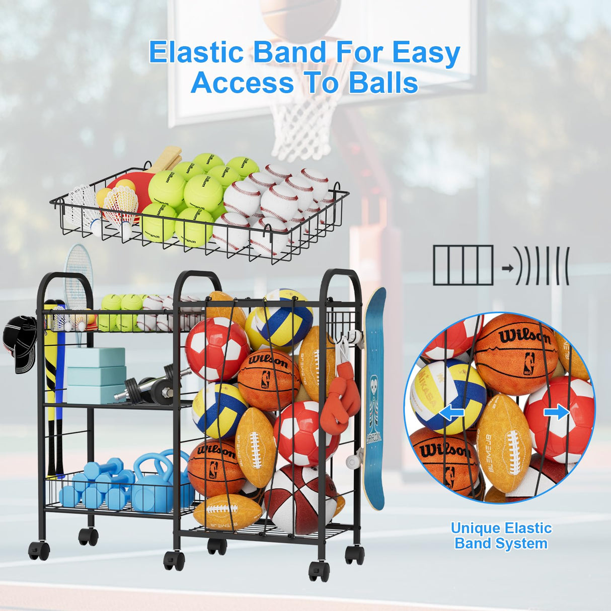 NEYCIL Ball Storage Rack, Sports Ball Storage Cart with 6 Wheels, Elastic Strap, Removable Basket, Hooks, Sports Equipment Organizer For Garage, Children's Room, Court, School, Small Gym, Outdoor NEYCIL