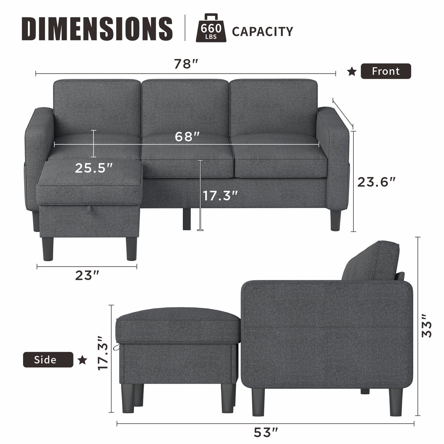 Sectional Sofa Couches for Living Room, Small Space Couch L-Shaped Sofa, 3 Seat Modern Sofas Convertible with Storage Ottoman for Small Space, Bedroom, Offices and Apartments, Dark Grey