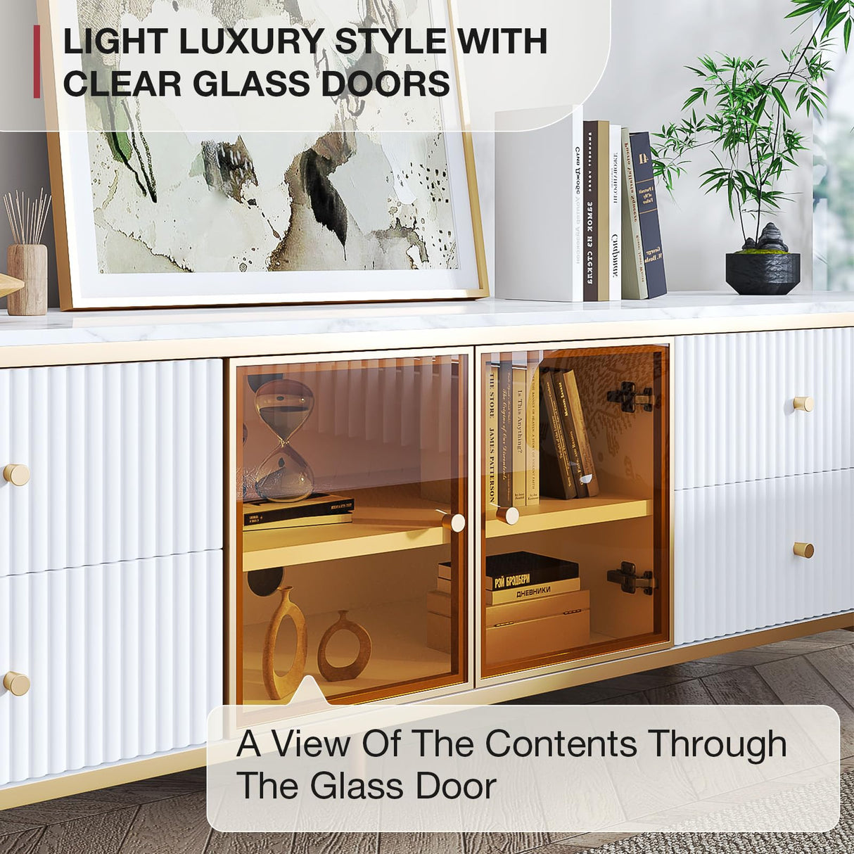 oneinmil Luxury 70" Fluted TV Stand for TVs Up to 75", Modern Entertainment Center with Faux Marble Top, Media Console with Curved Profile Design, Television Stands for Living Room, White oneinmil