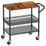 WDT 3 Tier Rolling Carts with Wheels, Heavy Duty Rolling Utility Cart with Wood Tabletop, Commercial Grade Metal Cart with Handle and Hooks, NSF Storage Serving Carts for Kitchen Island, Wood+Metal WDT