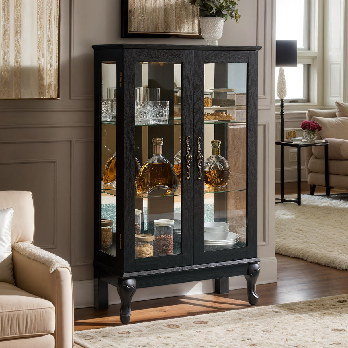Eyisean 44" H Lighted Glass Display Cabinet with Glass Doors, Wooden Curio Cabinet with 3 Adjustable Shelves, Mirrored Back Panel, Arched China Cabinet for Living Room, Light Bulb Included (Black) Eyisean