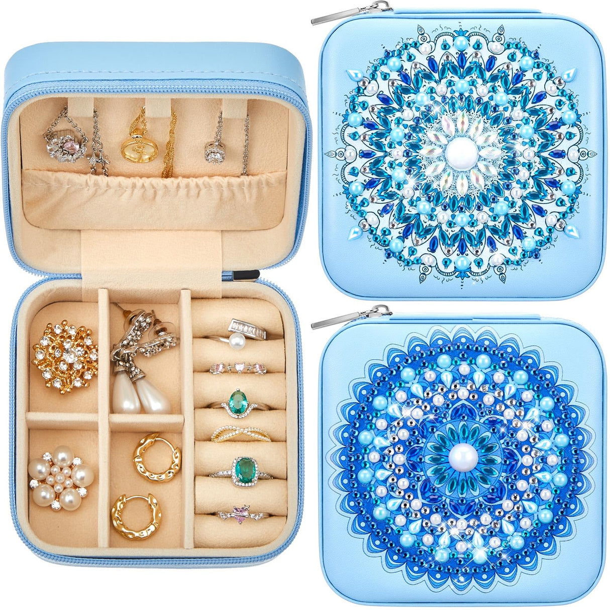 Hinly 2 Pcs Portable Diamond Painting Jewelry Storage Box Mandala Diamond Art Accessories Blue PU Leather Jewelry Ring Organizer Case Travel Jewelry Organizer Hinly