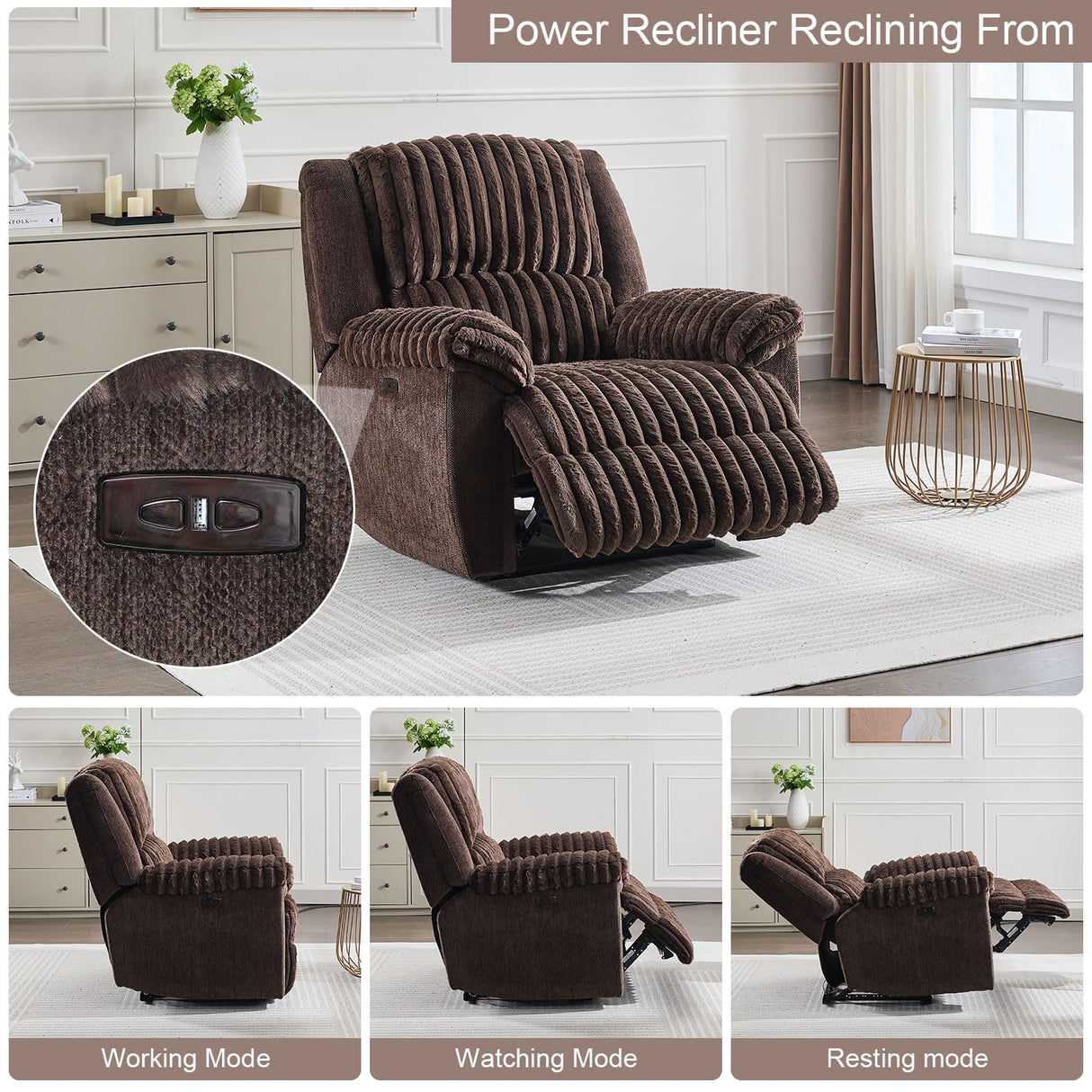 Oversized Power Recliner Chair, Extra Large Recliner Chairs for Adults, Faux Fur Electric Recliner for Living Room, Includes USB Port,Lumbar Support, 26" Seat Width,Brown TODRANI