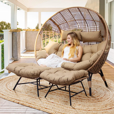 NICESOUL 2 Person Egg Chair Indoor Outdoor Stationary Wicker Large Egg Seating 680lbs Egg Basket Lounge Chair with Ottoman Footrest for Patio Balcony Porch Tan Color NICESOUL