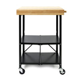 Origami Foldable Wheeled Portable Steel Frame and Solid Wood Top Kitchen Island Bar Cart with Open Shelving and Built In Towel Rack, Black Origami