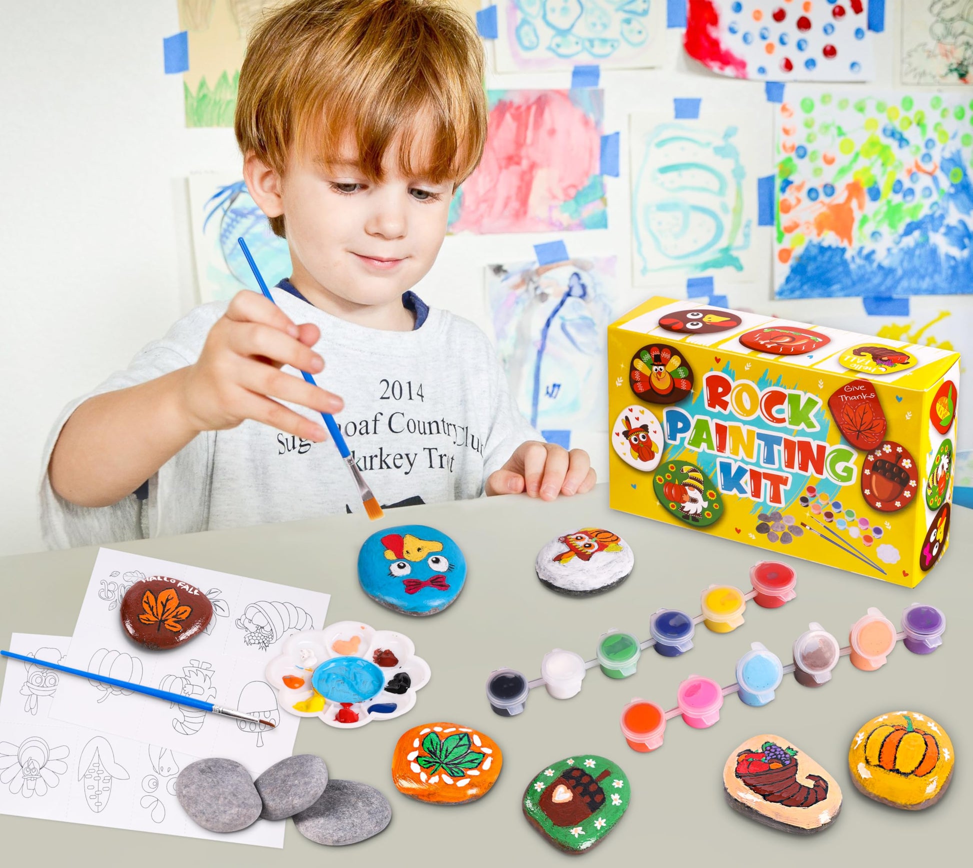 80UncleKimby Fall Thanksgiving Rock Painting Kit: Arts and Crafts for Kids - Include DIY Stones, Water Paint, Tattoos, Gifts Toys Party Favors Classroom Activities for Girls Boys Ages 8-12 - WoodArtSupply