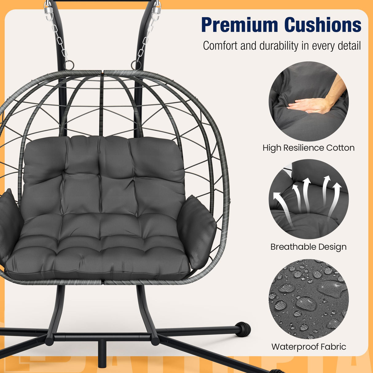 Pamapic 700 LBS Double Egg Chair Outdoor, UV Resistant Cushions Hanging Egg Chair with Armrests & Headrest, Thick Steel Frame Egg Swing Chair with Stand, for Relaxing & Reading Outside/Inside(Grey) Pamapic