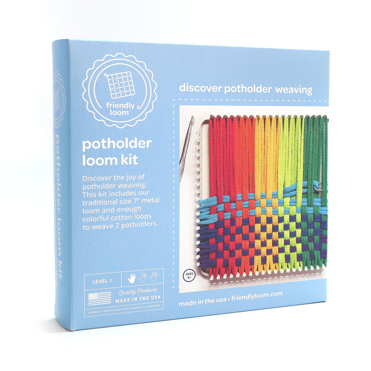 Friendly Loom 7” Traditional Potholder Weaving Kit | Sturdy Metal Loom and Quality Cotton Weaving Loops in Rainbow Colors | Complete Kit to Weave 2 Functional Potholders | Made in the USA Harrisville Designs