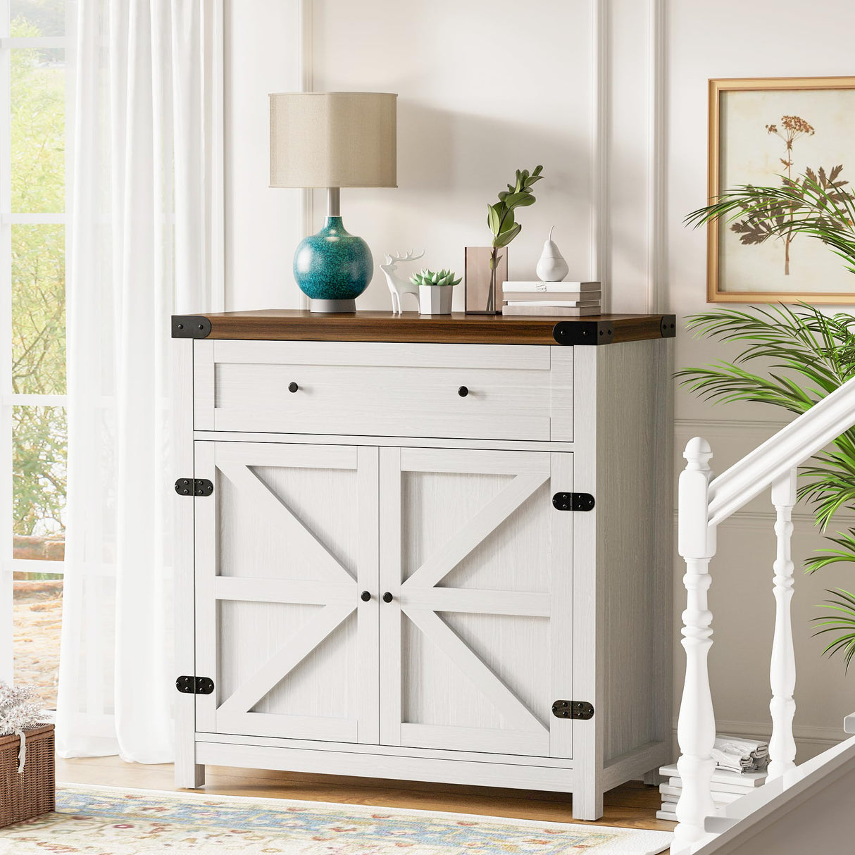 Flamaker Sideboard Buffet Cabinet with Storage, Farmhouse Coffee Bar Cabinet with 1 Drawer and 2 Barn Doors, Barn Door Console Table, Storage Cabinet for Kitchen, Dining Room, Entryway (White) Flamaker