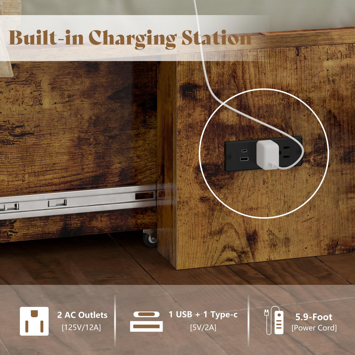 AMERLIFE Queen Size Murphy Bed, Farmhouse Wooden Cabinet with Charging Station and Storage Drawer for Bedroom/Office/Guest Room, Rustic Brown AMERLIFE