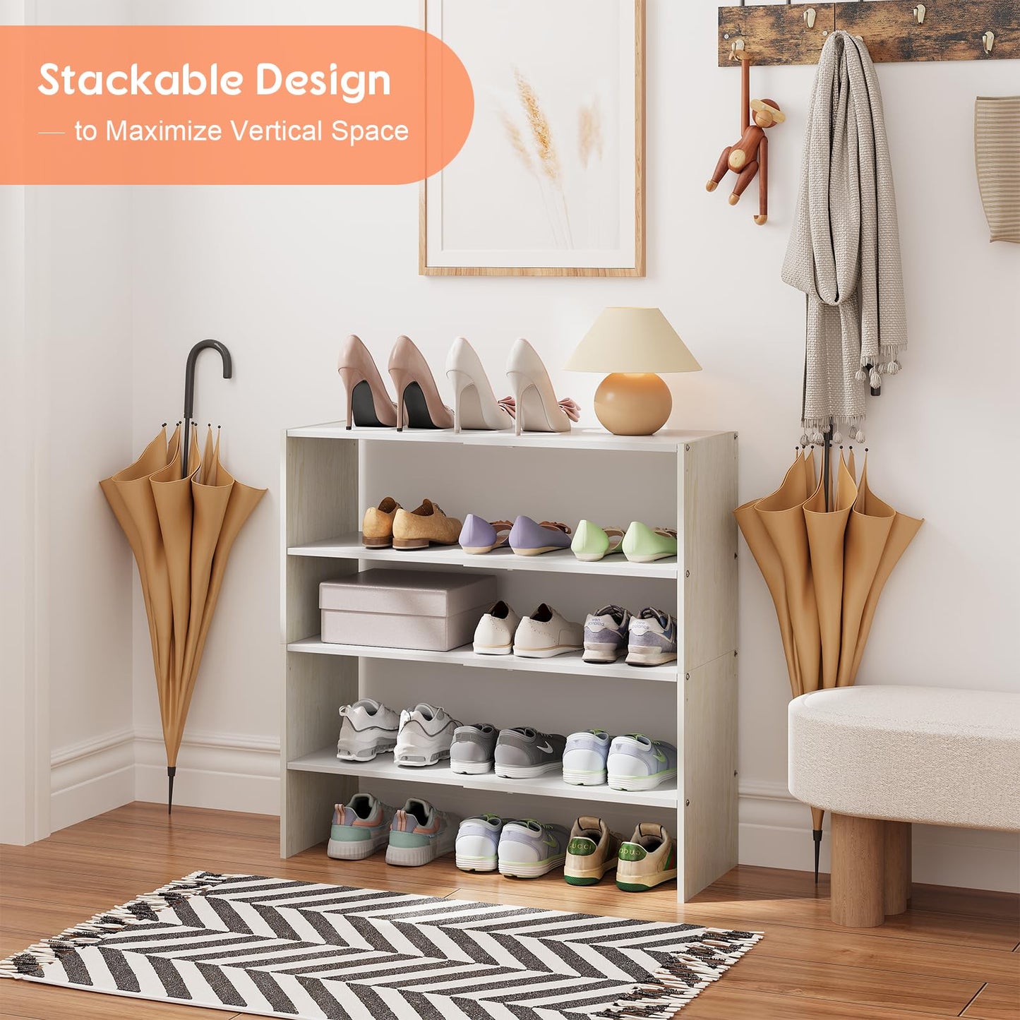 X-cosrack 2-Tier Shoe Rack Organizer for Closet, Expandable and Adjustable White Shoe Rack, Stackable Iron Wood Combination Shoe Storage Shelves for Closets, Entryway, Small Space, Hallway, Garage