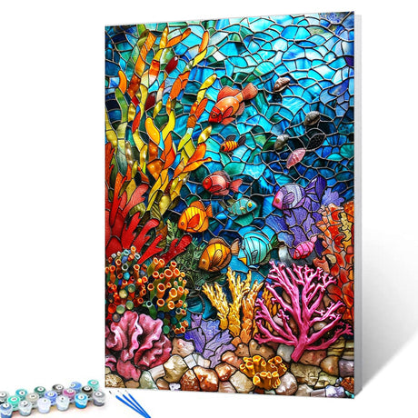 Tucocoo Ocean WorldPaint by Number Colorful Sea Scenery Coral Fish Seaweed DIY Painting on Canvas with Brushes Acrylic Paints Paint by Numbers for Adults Beginner DIY Kit 16x20 Inch（Without Frame） Tucocoo