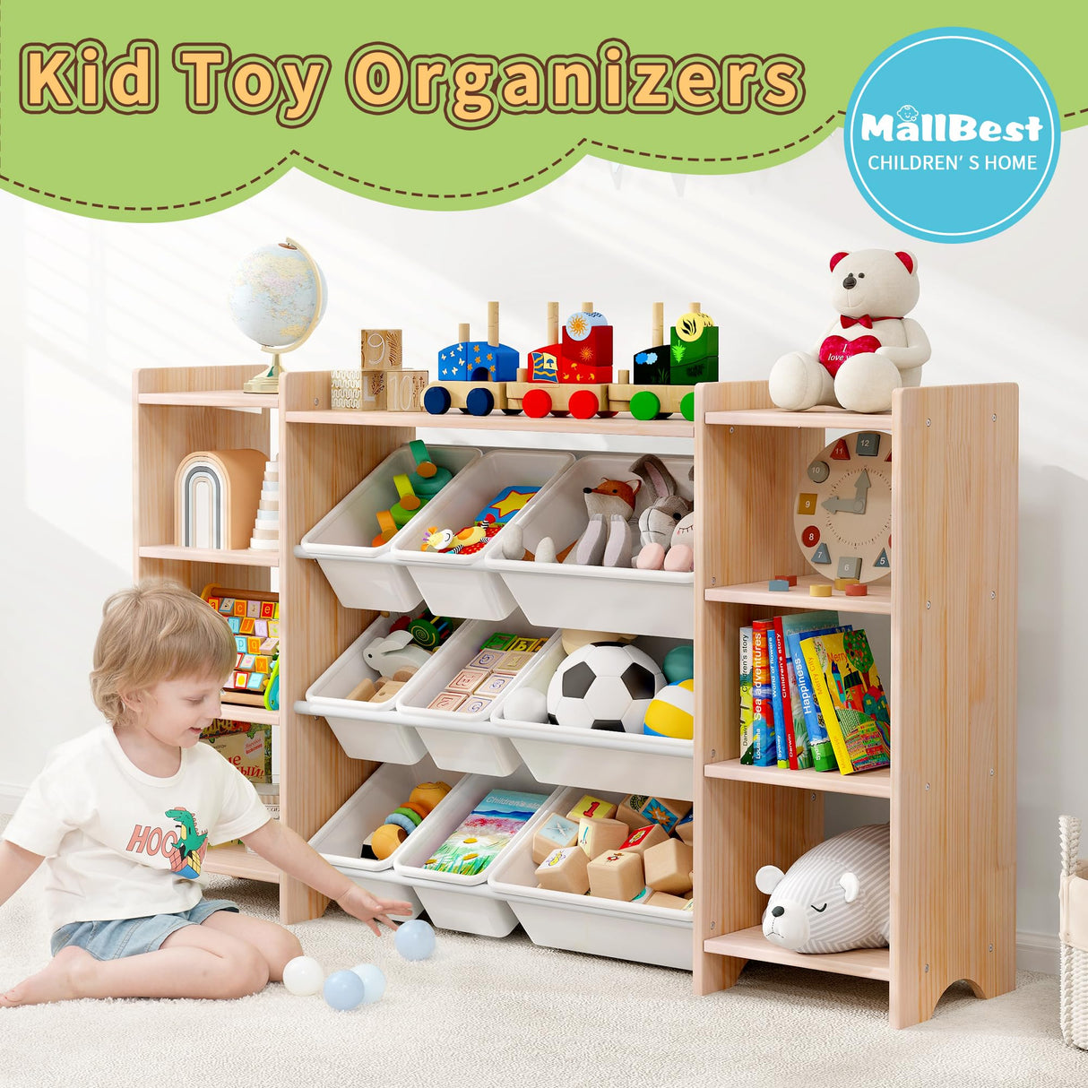 MallBest 4-Tier Kids' Toy Storage Organizer Shelf - 100% Solid Wood,Extra Wide Children's Storage Cabinet with 9 Plastic Bins and 3 Storage Ports MallBest