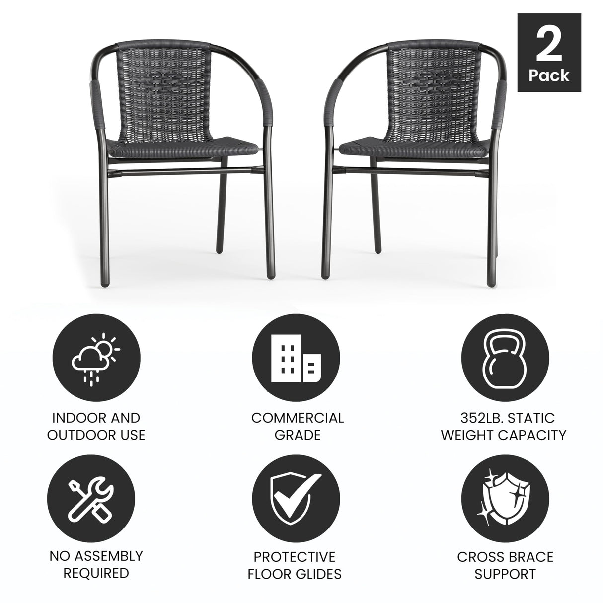 EMMA + OLIVER 2 Pack Gray Rattan Indoor-Outdoor Restaurant Stack Chair with Curved Back EMMA + OLIVER