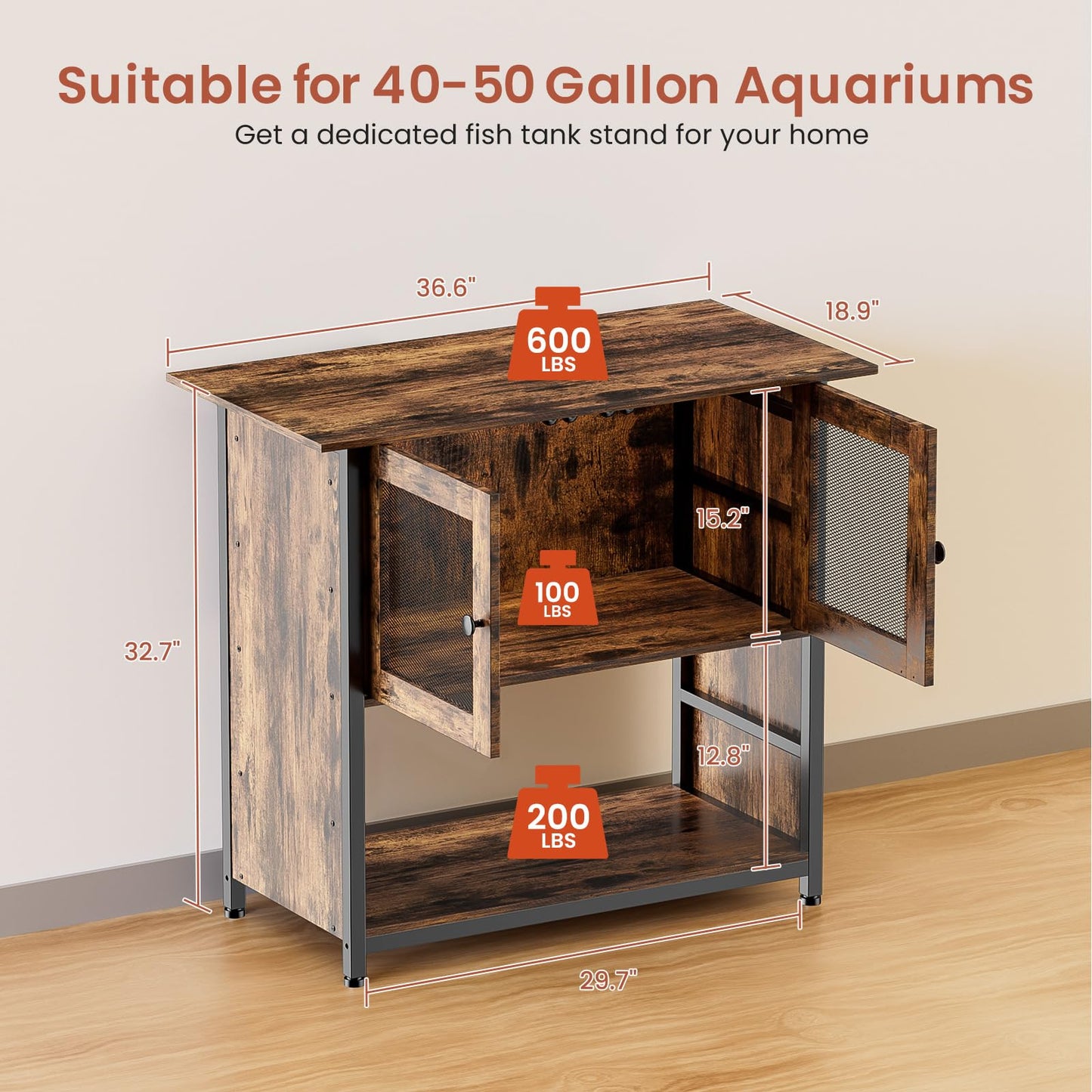 40-50 Gallon Fish Tank Stand: Large Metal Frame Double Aquarium Stands with Cabinet for Fish Tank Accessories Storage | Turtle Reptile Breeder Tank Terrarium Table Stand, 900LBS Capacity Brown