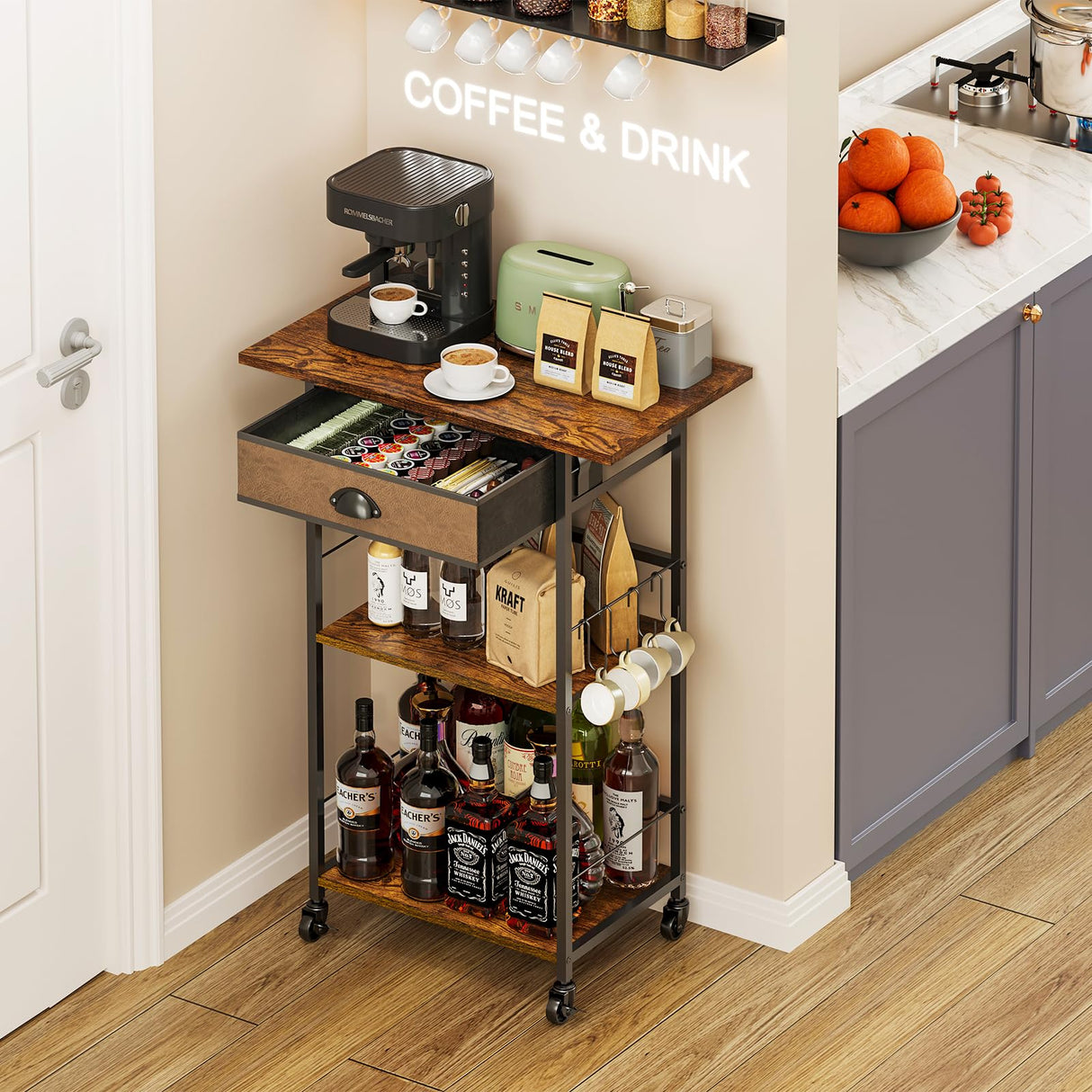 Coffee Bar Stand Station Cart with Storage Drawer -3 Tier, Extended Worktop Coffee Table, Farmhouse Corner Bar Cabinet for Small Spaces, Barkers Rack & Home Bar for Kitchen , Entryway, Living Room X-cosrack