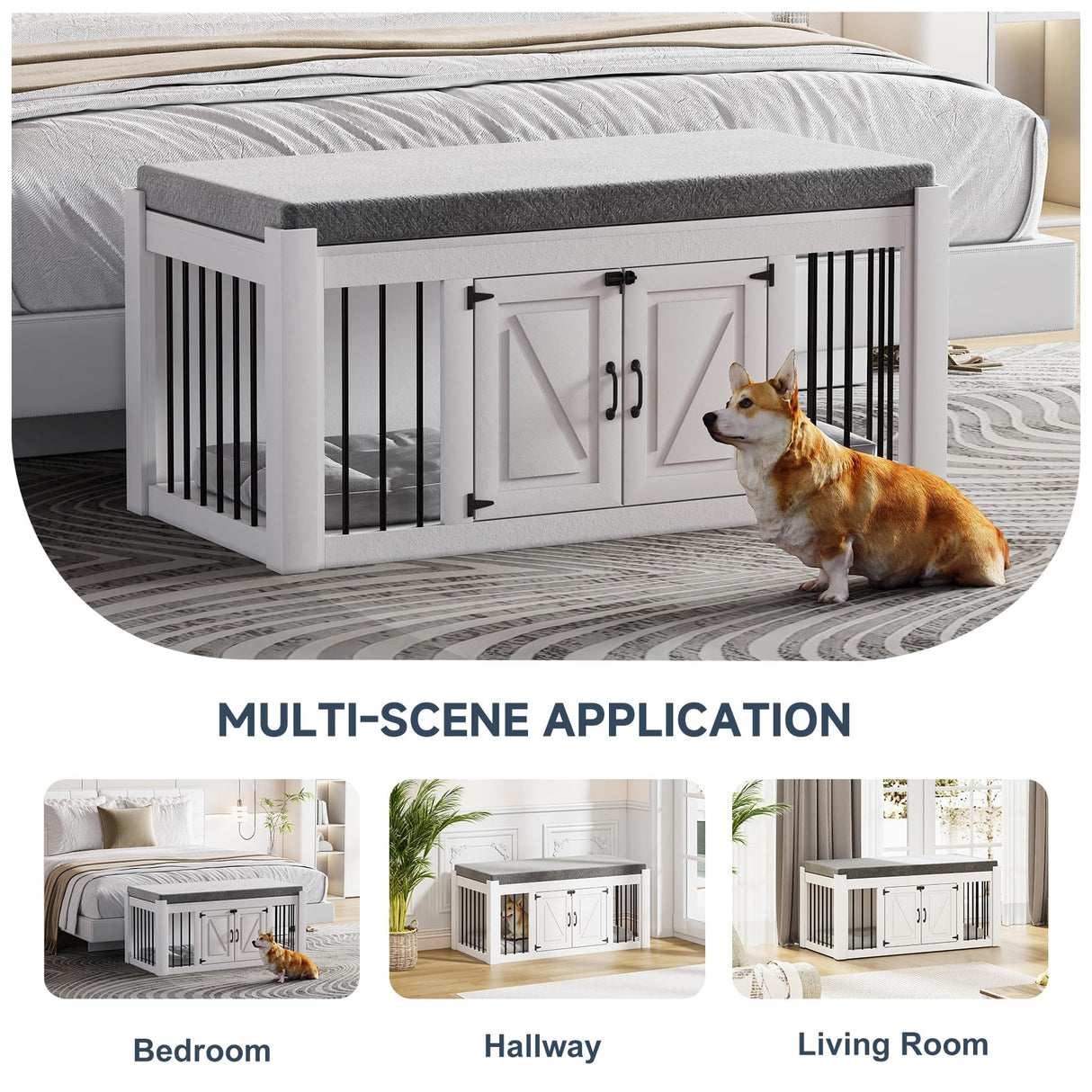 Faceket Indoor Dog Crate Furniture with Padded Seat, Wooden Dog Kennel, End of Bed Bench Ottoman with Removable Cushion, 47.2" L x 23.6" W x 22.4" H，White Faceket
