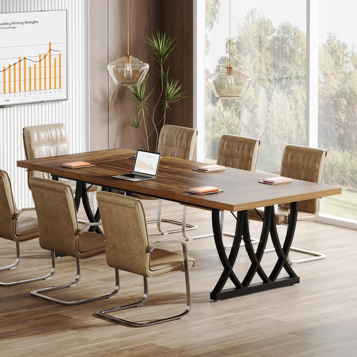 Tribesigns 6 ft Conference Table for 6-8 People, 70.86-Inch Rectangle Conference Table Meeting Seminar Table with Unique Curved Metal Support for Home Office (Without Chair, Retro Brown & Black) Tribesigns