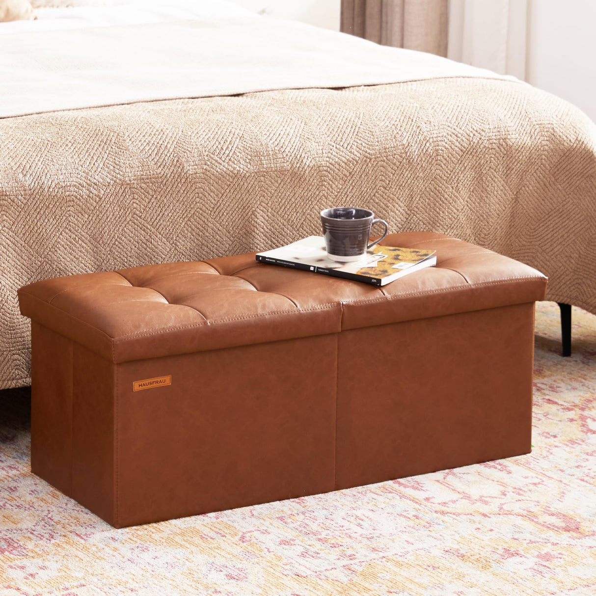 HAUSFRAU 31.5 Inches Ottoman with Storage Bench, Folding Ottoman Bench Small Foot Rest Stool, Bedroom Bench with Flipping Lid, Faux Leather Retro Brown HAUSFRAU