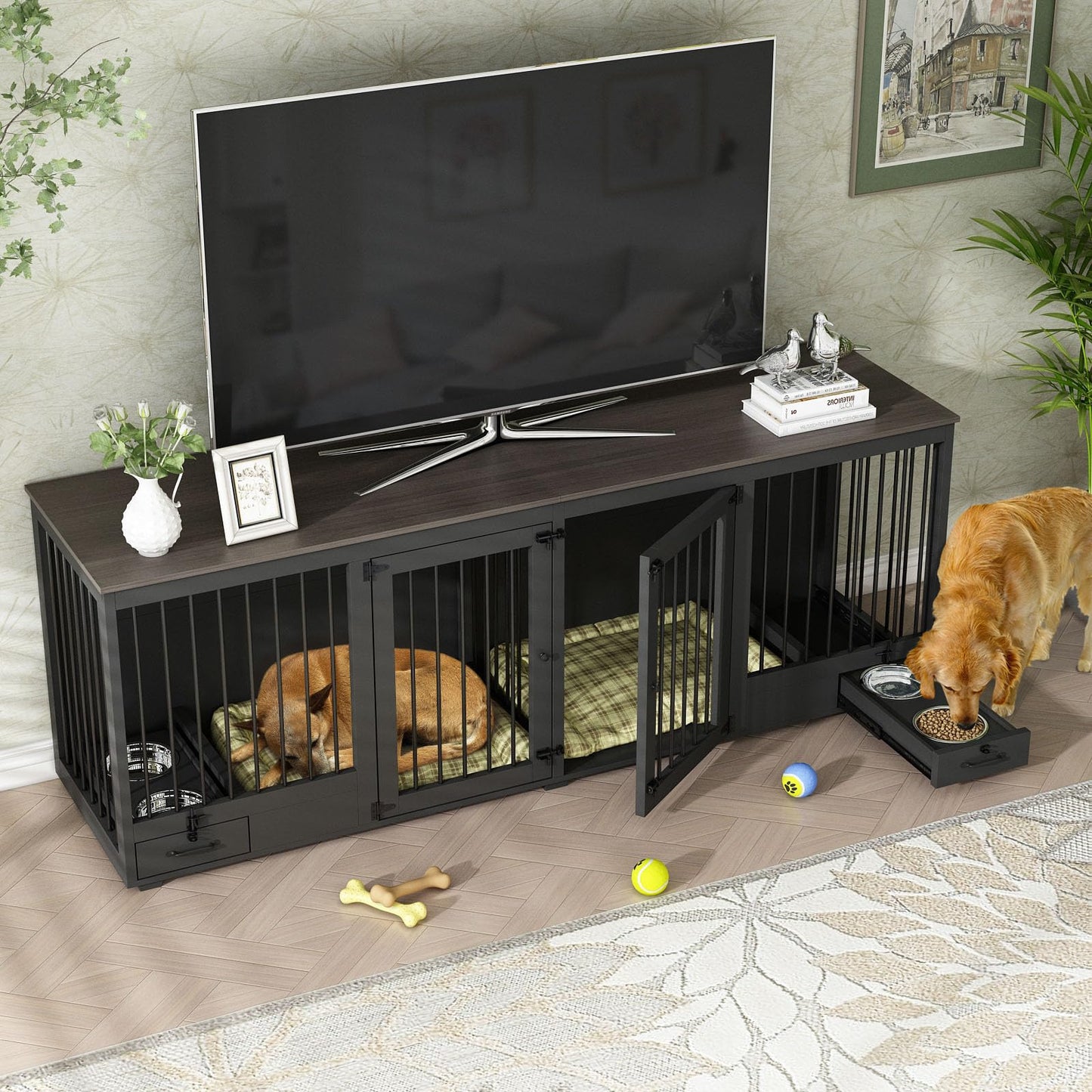 DAWNSPACES Furniture Style Large Dog Crate for 2 Dogs, 86.6" Heavy Duty Wooden Dog Kennel with Dog Bowl Drawers & Divider, Indoor Furniture Style Dog Kennel for Large Medium Dogs, Black