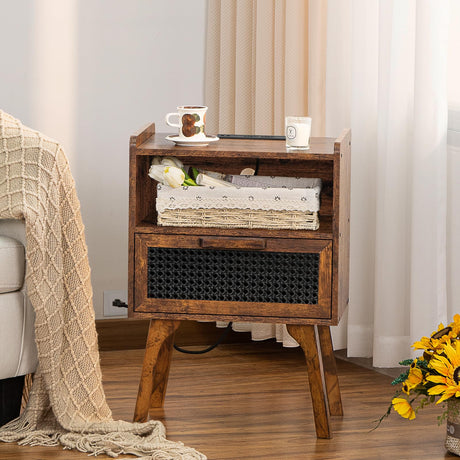Lerliuo Rattan Nightstands Set of 2 with Charging Station, Boho Side Table with Drawer Open Shelf, Cane Accent Bedside End Table with Solid Wood Legs for Bedroom, Dorm and Small Spaces (Brown) Lerliuo