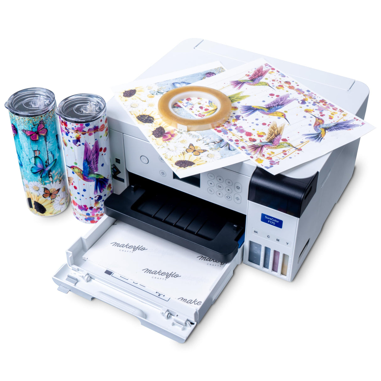 Epson Surecolor F170 Sublimation Starter Kit – Printer with CMYK Ink Set, Design Pack, 10 Sublimation Tumbler Pack, Sublimation Paper, Tape – Perfect for Beginners & Small Business makerflo