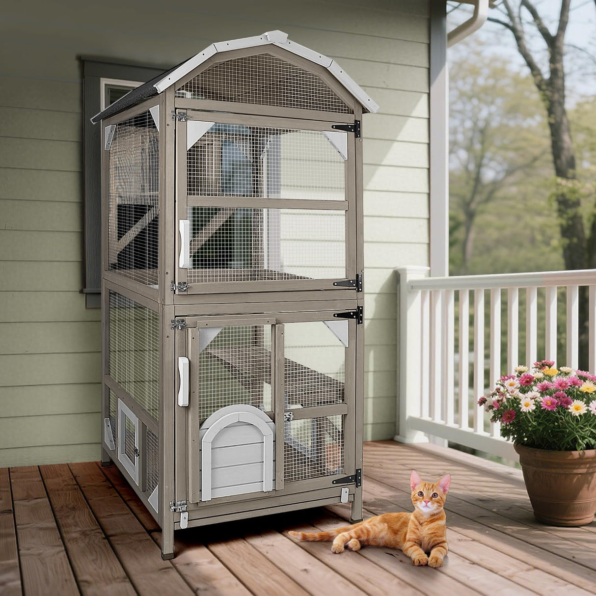 PetsCosset 71" Cat House Outdoor Catio Cat Enclosures, Indoor Kitty Cage Condo Attachable Window with 3 Platforms Waterproof Roof and Resting Box for Patio PetsCosset