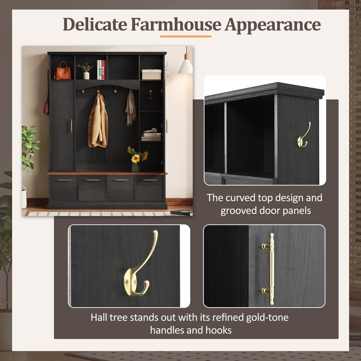 Merax 59" Farmhouse Hall Tree with Golden Hooks & Walnut Bench, Entryway Organizer with Adjustable Shelves, Shoe Storage, Anti-Tip for Mudroom, Living Room, Black Merax