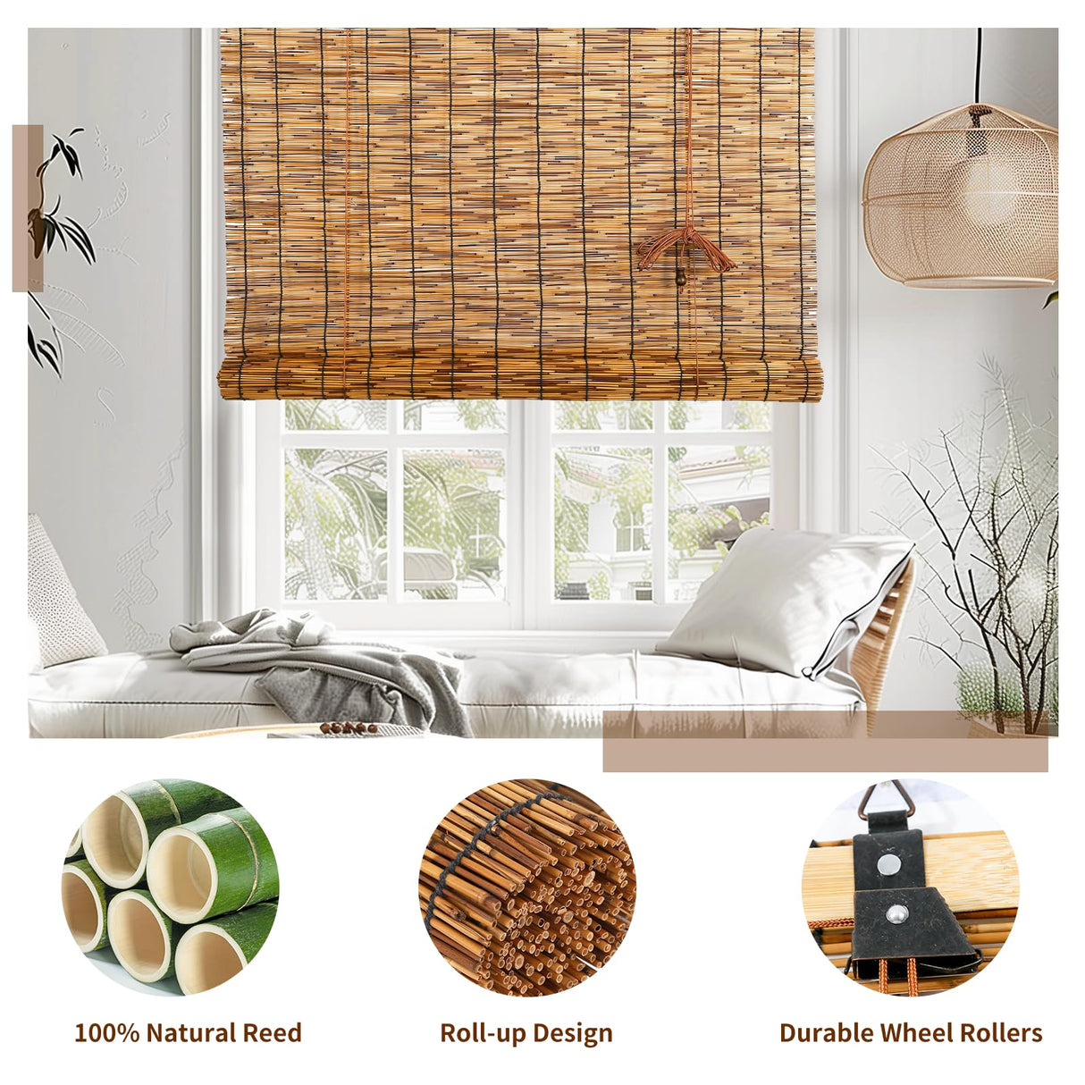 CSBWDLT Reed Roller Blinds Shades, Vertical Lifting and Breathable Waterproof Design, Sun Shade and Ventilation, Easy Installation,30" Wx64 H CSBWDLT