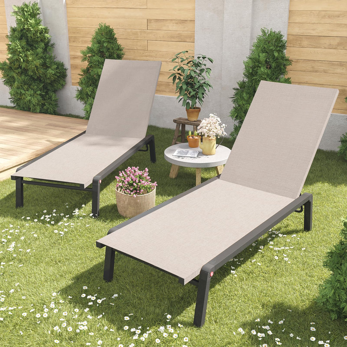 FHVIT Patio Chaise Lounge Set of 2 with 4 Adjustable Backrest, Foldable Aluminum Chaise Lounge Chair Recliner for Outdoor, Poolside, Sun Tanning Beige FHVIT