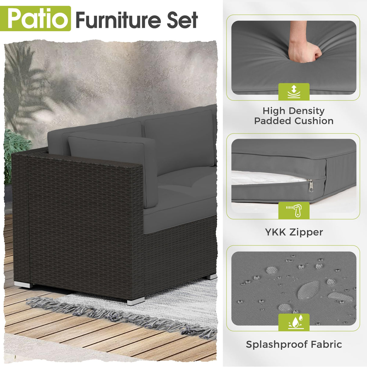 Crownland 8-Piece Outdoor Patio Furniture Sets with 45” Propane Gas Fire Pit Table, All-Weather Black Wicker Rattan Sectional Sofa with Coffee Table(Grey) Crownland