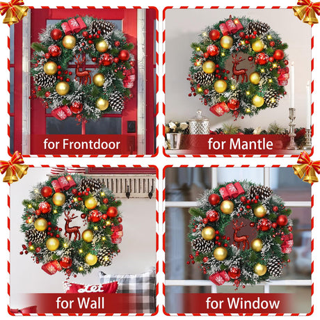 Christmas Wreath Decor - 16'' Christmas Wreaths for Front Door with Sparkly Red Christmas Reindeer Berries Cones Pine Needles, Door Wreath for Home Door Wall Party Christmas Decorations Yastouay
