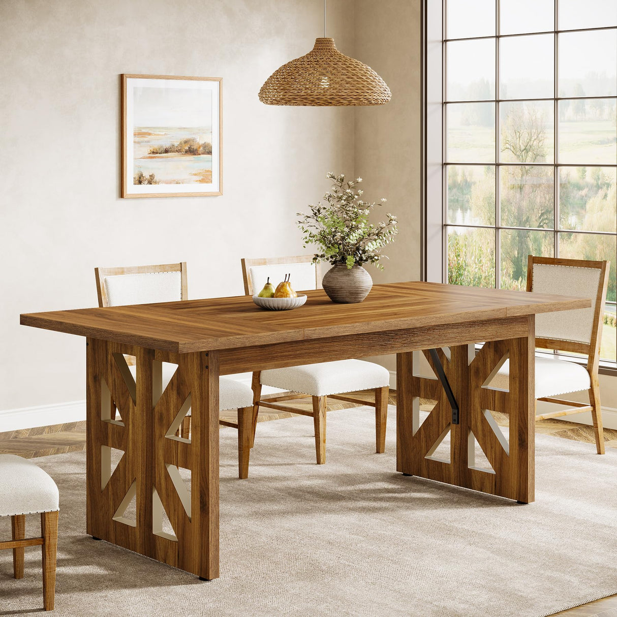 Tribesigns 62.4" Farmhouse Dining Table for 4-6 People, Rectangular Wooden Kitchen Dinner Table with Double Robust Pedestal for Dining Room, Living Room, Kitchen, Brown Tribesigns