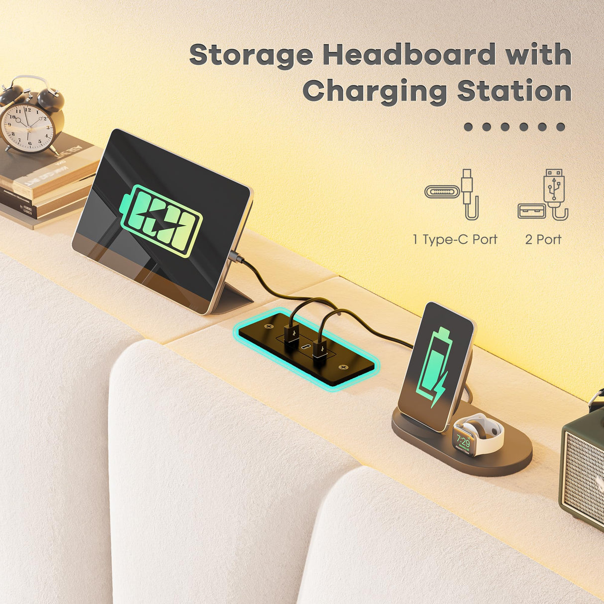 EnHomee King Size Bed Frame, Velvet Bed Frame with Headboard and Led Light, Platform Bed Frame for Bedroom Apartment, Dorm, Noise-Free, Easy Assembly, Beige EnHomee