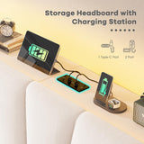 EnHomee King Size Bed Frame, Velvet Bed Frame with Headboard and Led Light, Platform Bed Frame for Bedroom Apartment, Dorm, Noise-Free, Easy Assembly, Beige EnHomee