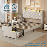 Etditrnp Full Bed Frame with Storage Drawers, LED Bed Frame with Charging Station, Velvet Button Tufted Upholstered Headboard, Wood Slats Support Noise-Free, No Box Spring Needed, Beige Etditrnp