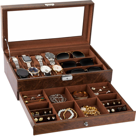 TomCare Watch Box 2-Tier Watch Case Jewelry Organizer Box with Thick Glass Lid Lockable Watch Organizer Jewelry Display Holder Sunglass Rings Necklaces Bracelets Storage Organizer for Men Women,Brown TomCare