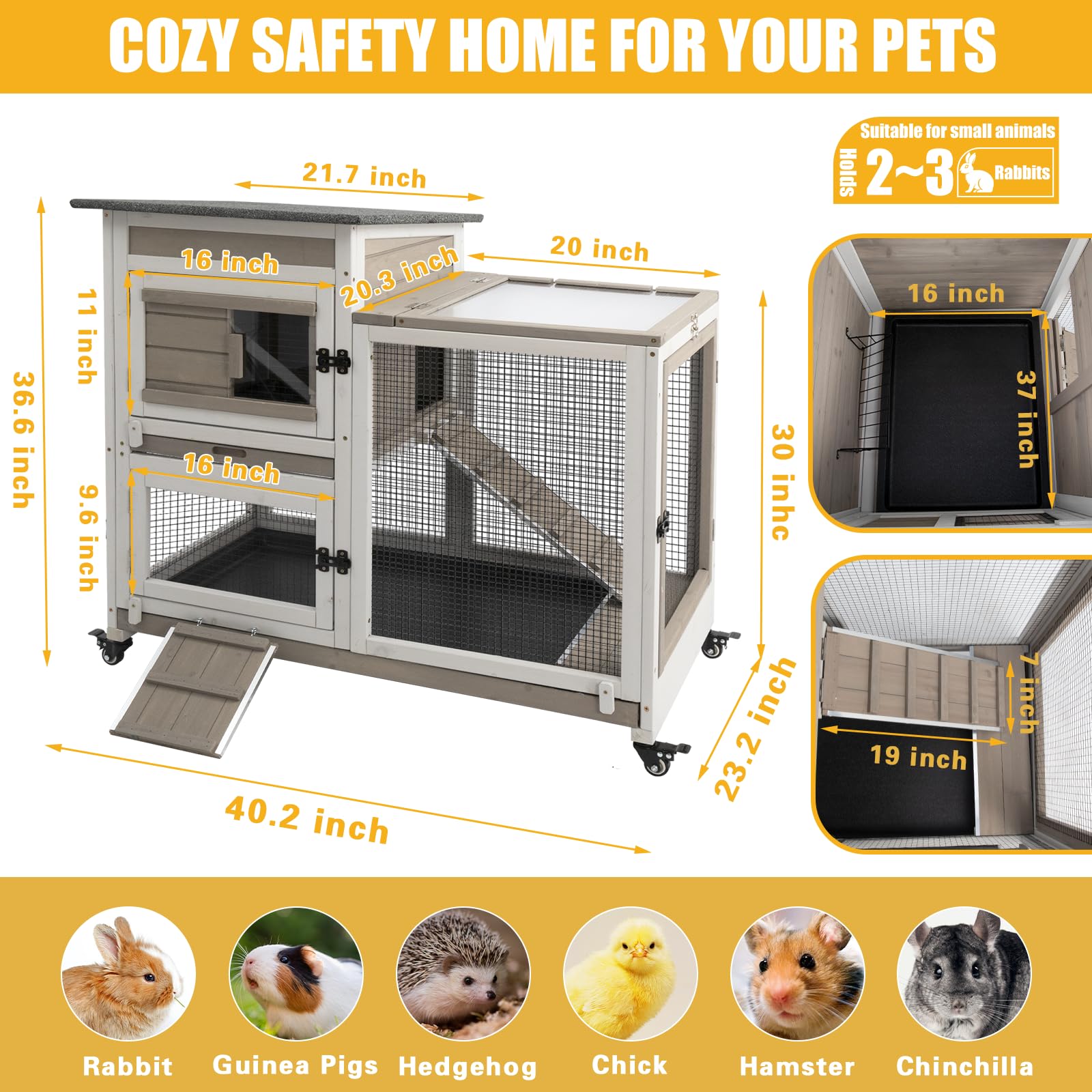 Gowoodhut 40"L Rabbit Hutch Indoor Wooden Large Bunny Hutch Outdoor 2 Story Rabbit Cage on 4 Metal Wheels with Run and 2 Deeper Pull Out Trays UV Panel Guinea Pig Pet House for Small to Mediu - WoodArtSupply