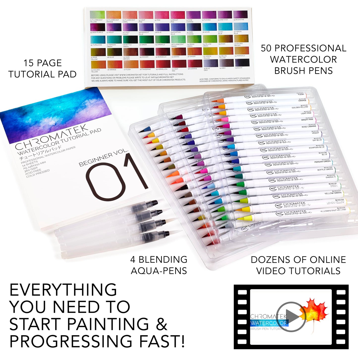 CHROMATEK 54 Watercolor Pens Set | Including 15 Page Pad & Online Video Tutorial Series | 4 Aquapens & 50 Unique Colors | Real Brush Pens | Easily Blendable, Vivid, Smooth | Professional Art Supplies