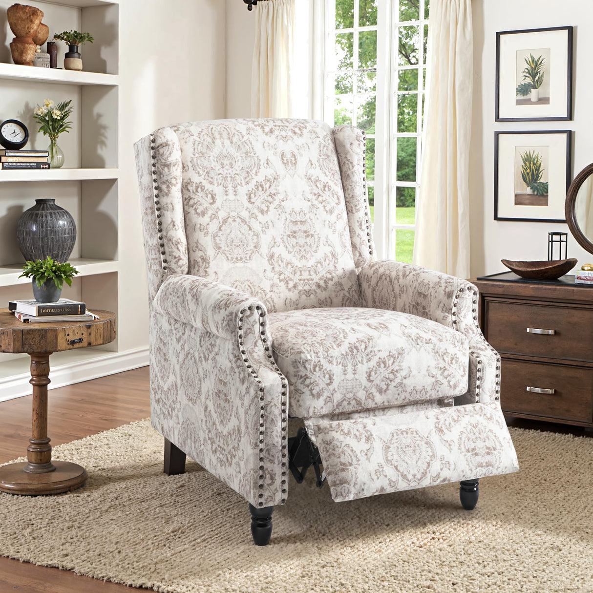 Recliner Chair, Upholstered Wingback Floral Pushback Armchair with Adjustable Backrest & Footrest, Comfy Accent Chair Reading Single Sofa for Small Spaces, Living Room, Bedroom (Beige, Set of 1) DREAMSIDEA