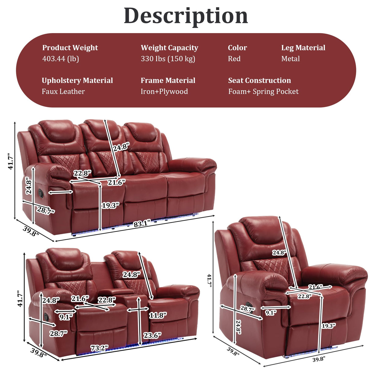 Olodumare 3 Pieces Living Room Furniture Sets,Recliner Leather Sectional Sofa, Home Theater Seating Manual Recliner with Center Console and LED Light Strip for Living Room, Office.Wine Red（3+2+1 Olodumare