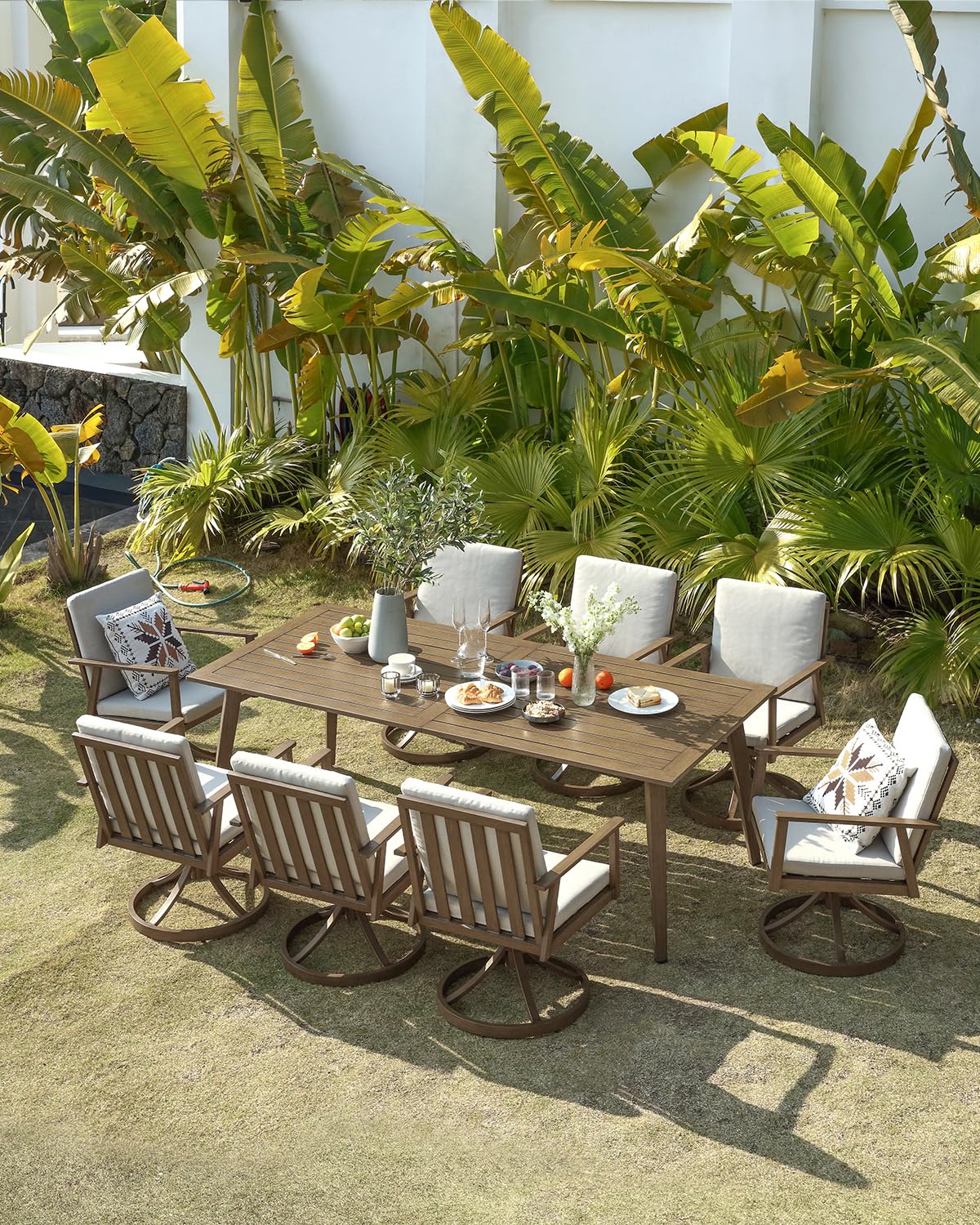 SEEHILL 9 Pieces Patio Dining Set for 8, Outdoor Aluminum Dining Furniture Set with Umbrella Hole, All-Weather Outdoor Patio Table Sets with 8 Swivel Chairs and Table for Deck Backyard Poolside, Teak SEEHILL